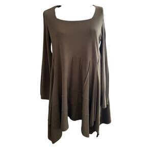 Sympli Asymmetrical Tunic Top 14 Brown Slinky Stretchy Lagenlook Artsy Travel